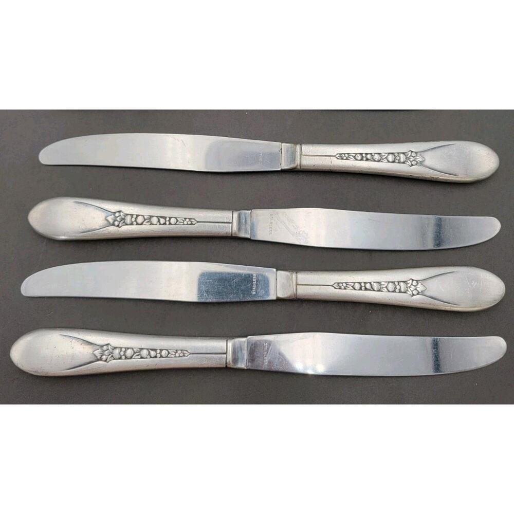 WM Rogers Mfg Set 4 Dinner Knives PRISCILLA LADY ANN Silverplate Flatware Vtg